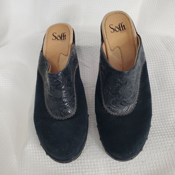 Sofft 8.5 M Clogs Mules Tooled Leather Suede Studded Block Heel CottageCore Rust - Picture 3 of 13